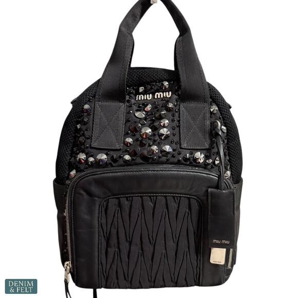 MIU MIU Black Faille Crystal Embellished Beaded Leather Trim Mini Luxe‎ Backpack main image 4